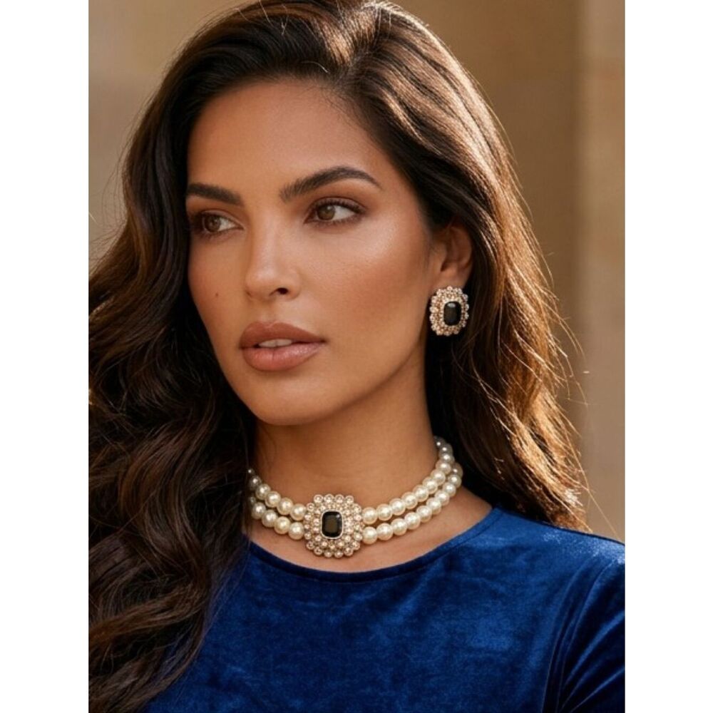 Faux Pearl Choker Necklace Earrings Set Black Rhinestone Gold Bridal Glam Party